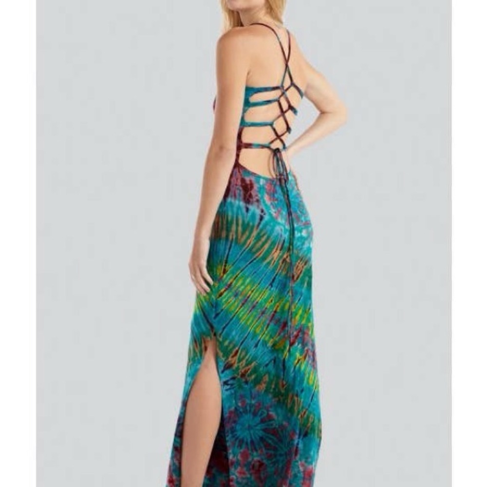 Key West Boho Beach Vibrant Mukticolor Tie Dye Strappy Back Maxi Dress